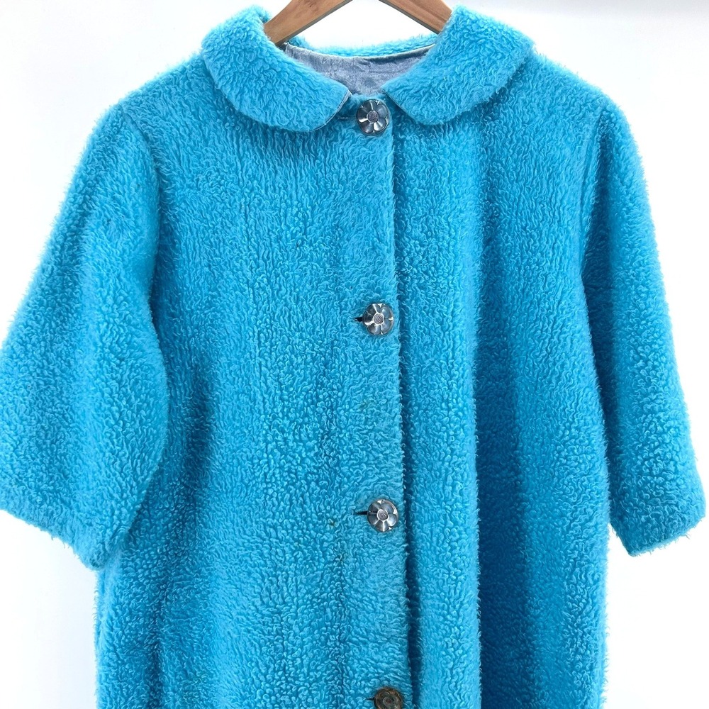 Vtg Handmade Blue Sherpa Faux Fur House Coat Robe Peter Pan Collar Mod 60s 70s M